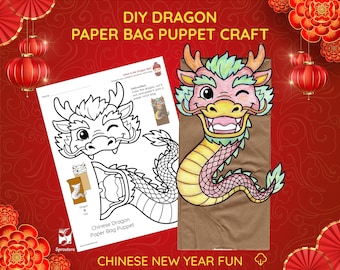 Manualidad de títere de dragón con bolsa de papel • Actividad de Año Nuevo chino para niños • Manualidades para el Año Nuevo Lunar • Plantilla imprimible para preescolar y primaria