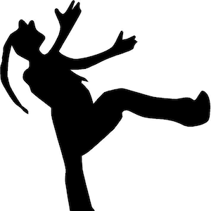 May include: Silhouette of a person in mid-air, with one leg extended and the other bent, arms outstretched, and head tilted back.