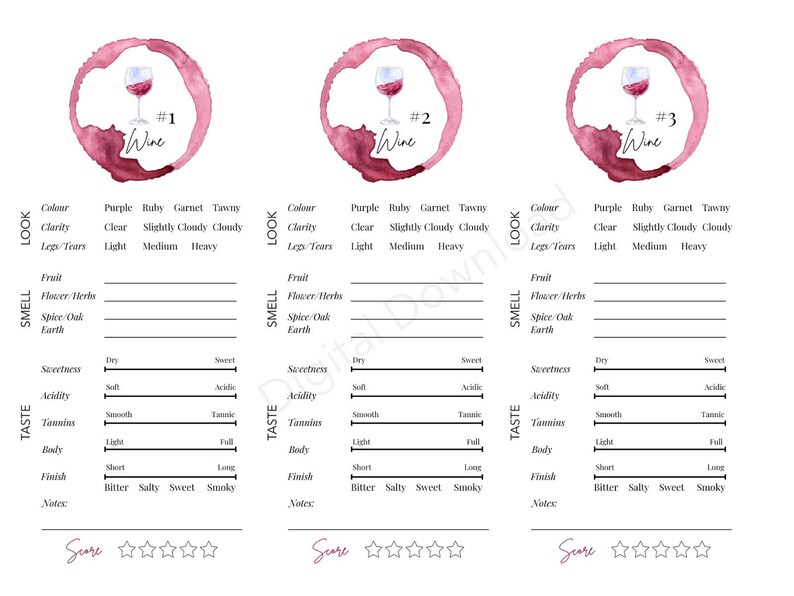 Red Wine Tasting Sheet Printable | Elegant Wine Tasting Placemat ...