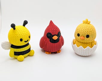Spring Trio Figurines | Knit Style Hatching Chick Cardinal and Bumble Bee!