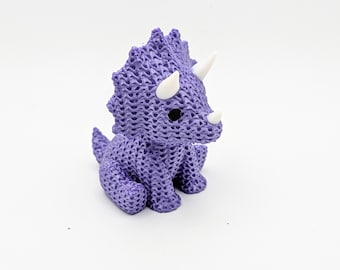 Triceratops Figurine | Silk Shimmer 3D Printed Knit-Style Dinosaur | Purple Iridescent Dino Decor | Dinosaur Lover Gift | Desk Pet