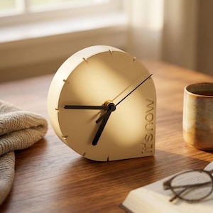 Reloj impreso en 3D / PLA color crema cálido, mecanismo silencioso, inscripción "Es ahora"