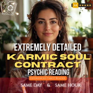Può includere: Una donna con lunghi capelli castani e decorazioni floreali sorride. L'immagine presenta il testo "CONTRATTO DELL'ANIMA KARMICO ESTREMAMENTE DETTAGLIATO LETTURA PSICHICA" e "LETTURA TAROCCHI ESPERTA". Due carte dei tarocchi sono in alto a sinistra.
