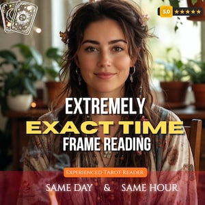 Può includere: Una donna con lunghi capelli castani e un top floreale è il punto focale di questa immagine. La sovrapposizione di testo recita "EXTREMELY EXACT TIME FRAME READING" con "EXPERIENCED TAROT READER" sotto. L'immagine include anche il testo "SAME DAY & SAME HOUR".