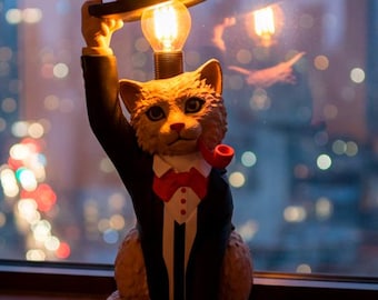 Cat Lamp Table - Gentleman Cat in Tuxedo, 3D Printed Desk Light, Vintage Decor