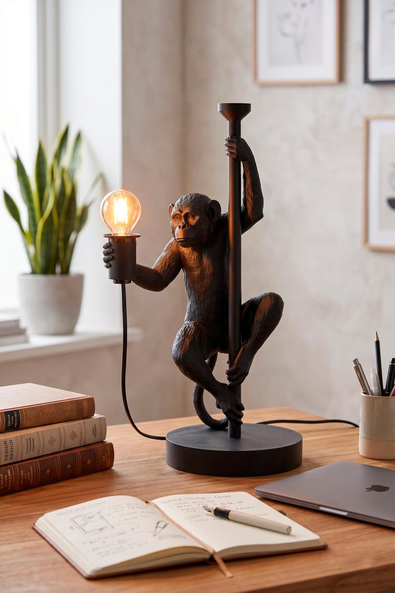 Pu&ograve; includere: Una lampada da tavolo a forma di scimmia nera con una lampadina. La lampada tiene un palo e la lampadina &egrave; nella sua mano. La lampada &egrave; su una scrivania di legno con un laptop, libri e un taccuino.