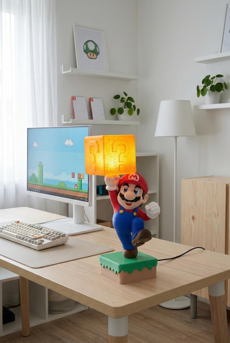 May include: A Mario-themed lamp featuring the iconic character holding a glowing question mark block. The lamp is on a green and brown base, with a power cord. The design is inspired by the popular video game series.