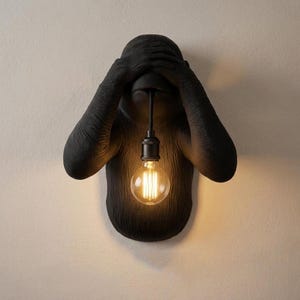 Könnte beinhalten: Eine mattschwarze Wandleuchte in Form eines Gorillakopfes, dessen Hände die Augen bedecken. Ein schwarzer Metallstab ragt aus dem Mund des Gorillas und hält eine klare Edison-Glühbirne, die ein warmes Licht ausstrahlt.