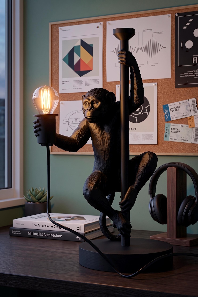 Pu&ograve; includere: Una lampada da scrivania nera a forma di scimmia con una lampadina in stile vintage. La scimmia tiene un palo con una mano e la lampadina con l'altra. La lampada &egrave; su una scrivania con libri e una pianta succulenta.