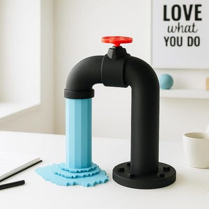 May include: A black faucet-shaped ornament with a red handle and a blue water-like design. The faucet is on a white table with a notepad, pen, and a white mug. A sign that says "LOVE what YOU DO" is in the background.