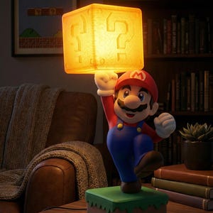 May include: A Mario-themed lamp featuring the character holding a glowing question mark block. The lamp has a red hat, blue overalls, and a green base. A framed "Level 1-1" print is visible in the background.