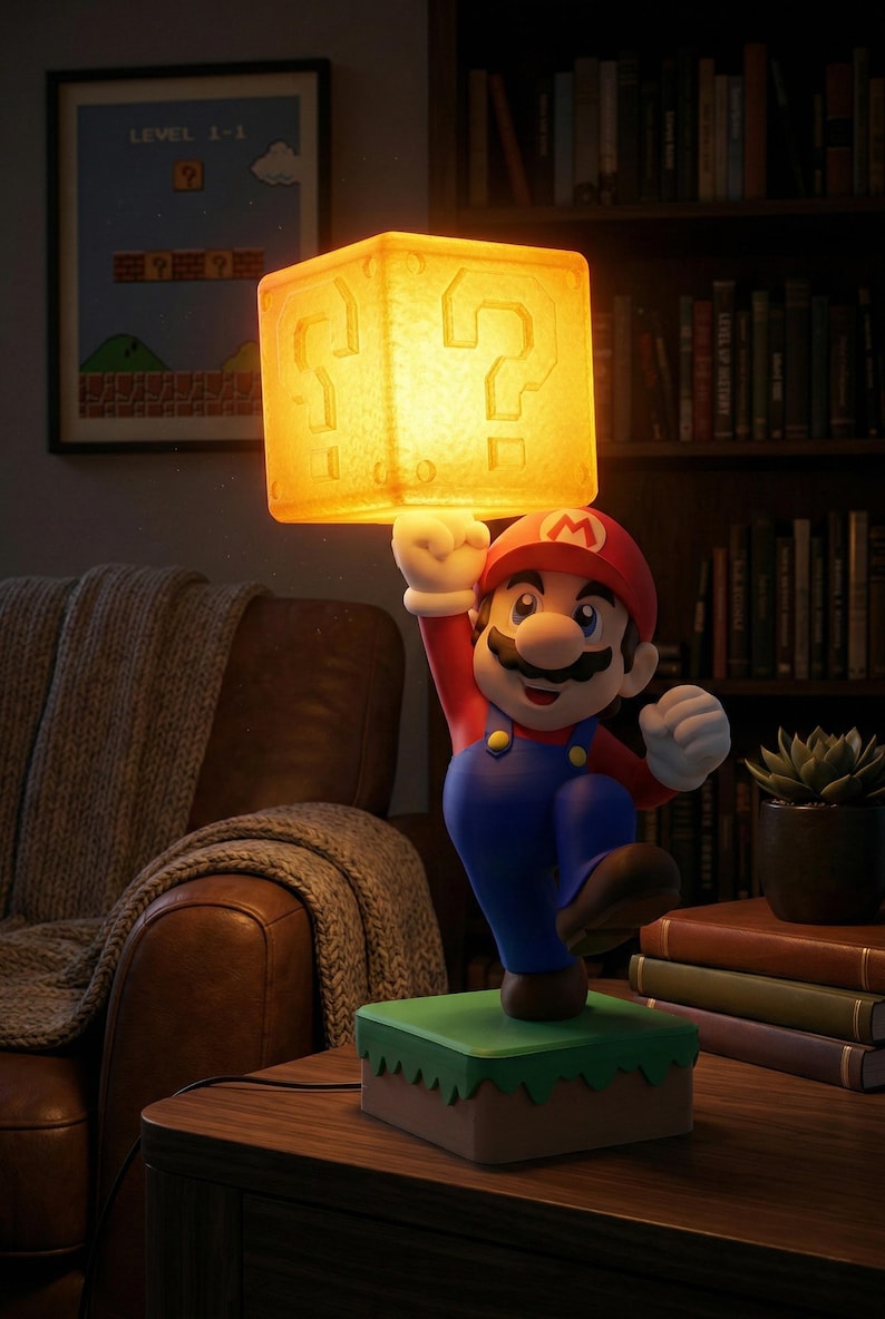 May include: A Mario-themed lamp featuring the character holding a glowing question mark block. The lamp has a red hat, blue overalls, and a green base. A framed "Level 1-1" print is visible in the background.