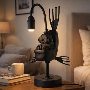 May include: A black anglerfish table lamp with a light bulb. The lamp has a round base and a curved neck. The fish has large, round eyes and sharp teeth. The lamp is on a wooden table next to a book, glasses, and a mug.