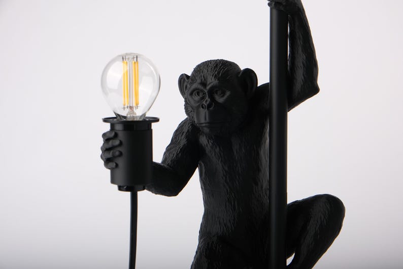 Pu&ograve; includere: Una lampada nera a forma di scimmia con una lampadina. La scimmia tiene la lampadina in mano. La lampada &egrave; un oggetto decorativo e viene probabilmente utilizzata per l'illuminazione ambientale. La lampada &egrave; realizzata in materiale scuro.