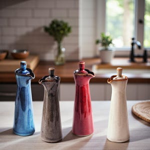 May include: Four ceramic oil dispensers in blue, brown, red, and cream. Each has a slender, elongated shape with a spout and a small stopper. The dispensers are arranged on a light surface, suggesting a kitchen setting. The dispensers are for oil or vinegar.