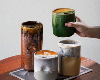 Vintage Handmade Ceramic Travel Mug with Sip Lid | Unique Pottery Coffee & Tea Cup | Handleless Ceramic Mug