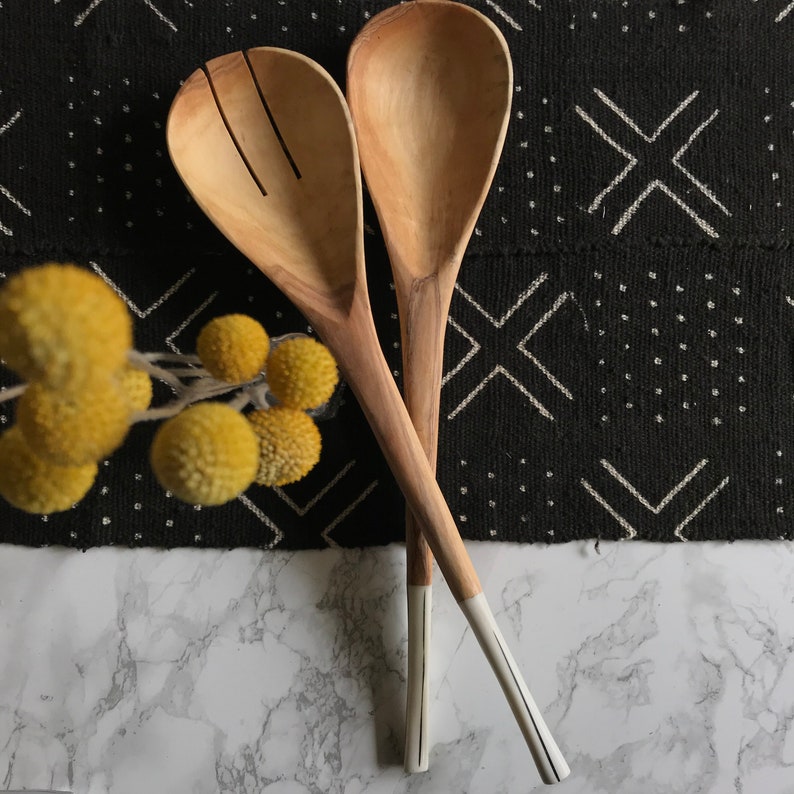 Salad Servers: Olivewood and White Bone Vertical stripe