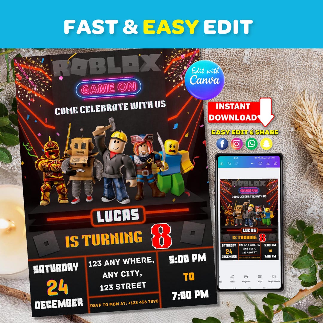 Editable Roblox Birthday Invitation Template: Game Party Invite (canva ...