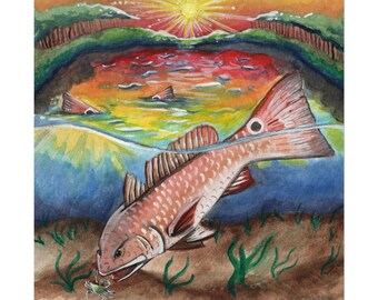 Redfish Sunset Watercolor Poster | Matte Textured Fish Art Print | Inshore Offshore Saltwater Fishing