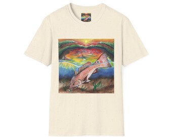 Sunset Redfish Illustration T-Shirt | Coastal Fishing Art | Lightweight 100 Cotton