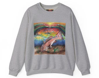Sunset Redfish Illustration Sweatshirt | Coastal Fishing Art | Coastal Saltwater Fly Fishing