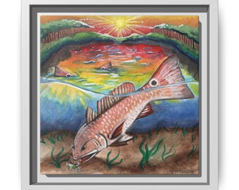 Redfish Sunset Painting Framed Canvas