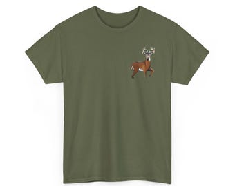 Deer Forest Scene T-Shirt | Whitetail Buck Woodland Nature Tee | Heavy Weight 100 cotton