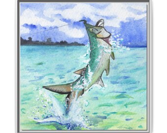Leaping Tarpon Fish Art Matte Canvas Framed | Coastal Watercolor Wall Decor | Salt Water Inshore Offshore Fly Fishing