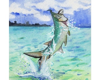 Jumping Tarpon Fish Poster | Watercolor Sea Life Matte Print | Salt Water Inshore Offshore Fly Fishing
