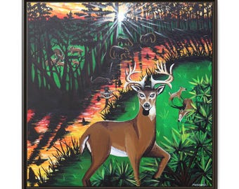 White-Tailed Deer Painting Matte Canvas, Framed | Woodland Wildlife Wall Art | Hunting Painting