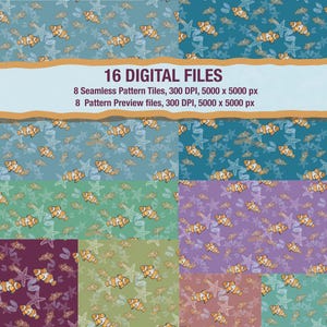 Pode incluir: Uma coleção de 16 arquivos digitais com padrões repetitivos e visualizações contendo ilustrações de peixes-palhaço e estrelas-do-mar. O texto diz 16 DIGITAL FILES, 8 Seamless Pattern Tiles, 300 DPI, 5000 x 5000 px.