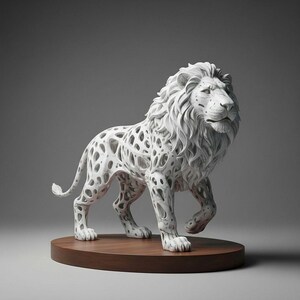 Può includere: Scultura di leone bianco finemente scolpita, con una criniera dettagliata e un corpo traforato. Il leone è in posizione di camminata su una base rotonda di legno marrone scuro. Oggetto decorativo.