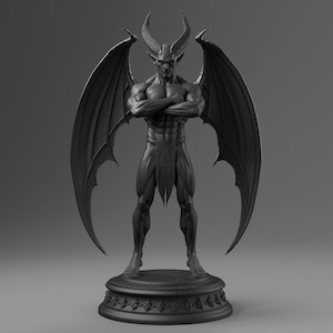 May include: A dark gray statue of a muscular demon with large horns and wings. The demon has its arms crossed and is standing on a decorative base. The statue is a detailed representation of a mythical creature.