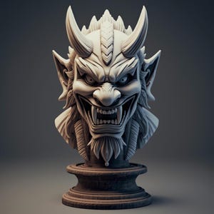 May include: A detailed bust of a Japanese Oni demon with sharp horns, fangs, and a fierce expression. The sculpture is off-white and sits on a dark, round base. The Oni has intricate facial features and long, flowing hair.