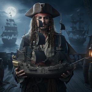 以下が含まれることがあります： 海賊の帽子をかぶり、黒い帆の付いた詳細な模型船を持っている人。夜の船の甲板で、満月と他の船を背景にしたシーンです。