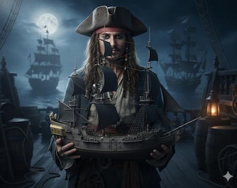 May include: A person wearing a pirate hat and holding a detailed model ship with black sails. The scene is set on a ship deck at night, with a full moon and other ships in the background.