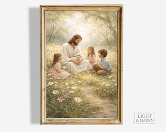 Lámina artística de Jesucristo: Enseñando a los niños, decoración del hogar con fe (descarga digital)