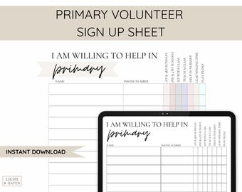 Primary Volunteer Sign Up Sheet | LDS Church Nursery Teaching Signup (Digital Download)