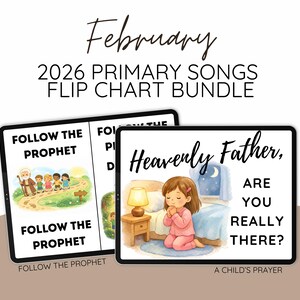 Peut inclure: Un ensemble de tableaux à feuilles mobiles numériques pour les chants primaires de 2026. L'image montre deux tablettes numériques avec des illustrations et du texte. L'une dit "Follow the Prophet" et l'autre "Heavenly Father, Are You Really There?"