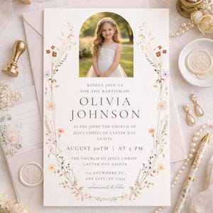 Può includere: Invito al battesimo con foto di una bambina in abito bianco. L'invito include elementi floreali e il testo "Kindly join us for the baptism of Olivia Johnson". Sono inclusi anche data e ora.