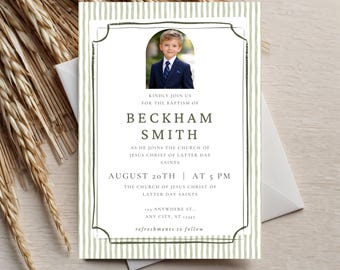 LDS Baptism Invitation Template for Boy | Green Stripe Photo Invite (Canva)