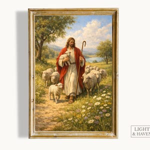 Arte murale di Cristo Buon Pastore / Gesù con le pecore stampabile / Arte religiosa cristiana / Decorazione murale LDS / Stampa ispirata alle Scritture
