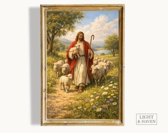 Art mural Christ Bon Pasteur | Imprimable Jésus avec des moutons | Art religieux chrétien | Décoration murale SDJ | Impression inspirée des Écritures