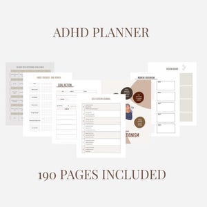 Puede incluir: Un planificador de TDAH con varias páginas para establecer objetivos, hacer un seguimiento de los hábitos y llevar un diario de autoestima. El planificador incluye un tablero de visión y una descripción general mensual. El texto "ADHD PLANNER" y "190 PAGES INCLUDED" son visibles.