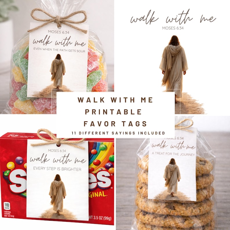 Pu&ograve; includere: Una collezione di etichette regalo stampabili con il testo "Walk with Me" e il versetto biblico Mos&egrave; 6:34. Le etichette presentano l'immagine di una persona che cammina su un sentiero. Le etichette sono attaccate a varie prelibatezze.