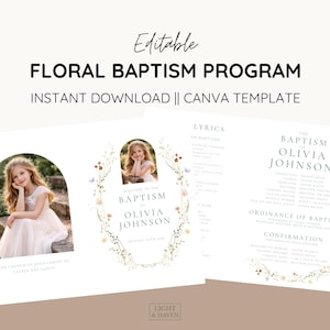 Könnte beinhalten: Eine Taufe-Programmvorlage mit dem Text "FLORAL BAPTISM PROGRAM" und "INSTANT DOWNLOAD || CANVA TEMPLATE". Das Design umfasst ein Foto eines jungen Mädchens, florale Akzente und den Namen "OLIVIA JOHNSON". Das Programm ist für die Kirche Jesu Christi der Heiligen der Letzten Tage konzipiert.