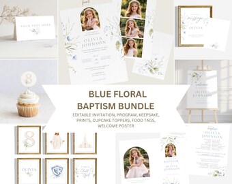 Editable Blue Floral Baptism Invitation Bundle (Digital Download)