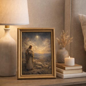 May include: A framed religious painting depicting a figure with a staff and a lamb, surrounded by sheep. The artwork is in a gold frame and is placed on a wooden nightstand next to a lamp and a lit candle.