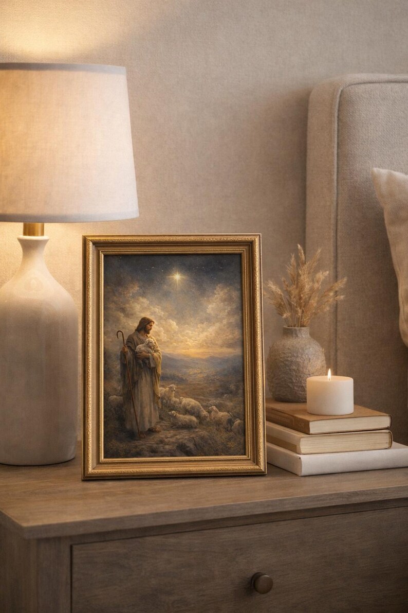 May include: A framed religious painting depicting a figure with a staff and a lamb, surrounded by sheep. The artwork is in a gold frame and is placed on a wooden nightstand next to a lamp and a lit candle.