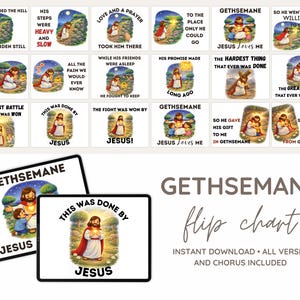 Könnte beinhalten: Ein digitales Flipchart mit Illustrationen und Text zur Geschichte Jesu. Die Tafel enthält verschiedene Szenen und Verse, wobei der Titel "Gethsemane" prominent dargestellt ist. Die Worte "Sofortiger Download • Alle Verse und Chöre enthalten" sind ebenfalls vorhanden.